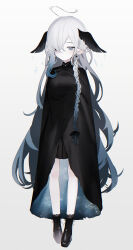 Rule 34 | 1girl, ankle boots, black cape, black footwear, black skirt, blue eyes, boots, braid, cape, closed mouth, earrings, full body, gradient hair, grey hair, hair over one eye, hair over shoulder, highres, jewelry, long hair, migihidari (puwako), multicolored hair, one eye covered, original, pleated skirt, simple background, skirt, solo, standing, two-sided cape, two-sided fabric, very long hair, white background