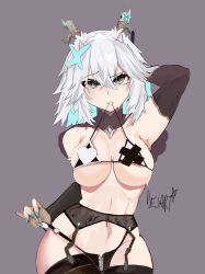 Rule 34 | 1girl, absurdres, bikini, bikini in mouth, biting, black eyes, blue hair, blue nails, breasts, cleavage, clothes in mouth, commentary, cowboy shot, des hatsumine, english commentary, fingerless gloves, gloves, hair ornament, highres, horns, large breasts, multicolored hair, nail polish, navel, signature, simple background, swimsuit, thighhighs, vei (vtuber), vei (vtuber) (sky empress), virtual youtuber, vshojo, white hair