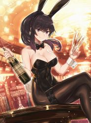 Rule 34 | 1girl, animal ears, backlighting, bare shoulders, black bow, black bowtie, black hair, black hairband, black leotard, borrowed character, bottle, bow, bowtie, breasts, brown pantyhose, casino, champagne bottle, champagne flute, cleavage, closed mouth, commission, covered navel, crossed legs, cup, detached collar, drinking glass, fake animal ears, fake tail, feet out of frame, fumato, gradient hair, hairband, highres, holding, holding bottle, holding cup, indoors, large breasts, leotard, looking at viewer, multicolored hair, on table, original, pantyhose, playboy bunny, poker chip, purple eyes, purple hair, rabbit ears, rabbit tail, sitting, smile, solo, strapless, strapless leotard, table, tail, thigh strap, wrist cuffs
