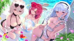 Rule 34 | 3girls, arms under breasts, azur lane, bare shoulders, between breasts, bikini, black bikini, black prince (azur lane), black prince (white princess) (azur lane), blue hair, breast press, breasts, choker, cleavage, collar, dido (azur lane), eyewear on head, flower, frilled bikini, frills, hair flower, hair ornament, hairband, hand on own thigh, kneeling, large breasts, looking at viewer, multiple girls, o-ring, o-ring bikini, o-ring top, outdoors, parted bangs, pink eyes, red eyes, red hair, rin2008, see-through, sirius (azur lane), sirius (scorching-hot seirios) (azur lane), sitting, smile, sunglasses, swimsuit, thick thighs, thigh strap, thighs, water, white bikini, white hair