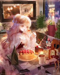 Rule 34 | 1girl, bag, blonde hair, blush, bow, box, broken heart, butterfly hair ornament, cake, cake slice, chair, choker, christmas, coffee, crying, crying with eyes open, cup, dress, envelope, eyelashes, food, fork, fruit, gift, gift box, hair ornament, half updo, hands up, heart, highres, holding, holding fork, holding knife, ice cream, indoors, juliet sleeves, knife, komorihikki, long hair, long sleeves, mirror, mug, night, open mouth, original, pillow, pinecone, plant, plate, puffy sleeves, raised eyebrows, ribbon, see-through, see-through sleeves, sidelocks, sitting, solo, strawberry, swept bangs, table, tears, teeth, torn paper, upper teeth only, very long hair, window, yellow eyes