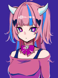 Rule 34 | 1girl, absurdres, blue hair, bow, breasts, bright pupils, collarbone, expressionless, hair ornament, heart, heart hair ornament, highres, horns, ironmouse, ironmouse (1st costume), looking at viewer, medium breasts, multicolored hair, natsume hinako, off-shoulder shirt, off shoulder, pink hair, pink shirt, purple bow, purple eyes, shirt, solo, streaked hair, two side up, upper body, virtual youtuber, vshojo, white pupils