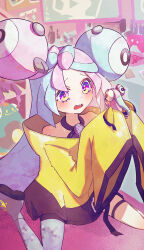 Rule 34 | 1girl, anidf, bare shoulders, bellibolt, blue hair, bow-shaped hair, character doll, character hair ornament, controller, creatures (company), doll, eyelashes, game controller, game freak, grey pantyhose, hair ornament, highres, holding, holding doll, iono (pokemon), jacket, long hair, long sleeves, monitor, multicolored hair, nintendo, on floor, open mouth, pantyhose, pink eyes, pink hair, pokemon, pokemon sv, sharp teeth, single leg pantyhose, sitting, sleeves past fingers, sleeves past wrists, stuffed toy, teeth, thigh strap, twintails, two-tone hair, very long hair, wariza, yellow jacket