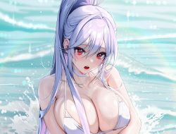 Rule 34 | 1girl, absurdly long hair, bare shoulders, barefoot, bikini, breasts, closers, commentary request, dore (gilles dore), fingernails, full body, gradient hair, hair between eyes, kneeling, large breasts, long hair, mirae (closers), multicolored hair, nail polish, open mouth, outdoors, ponytail, purple hair, red eyes, silver hair, sitting, solo, summer, swimsuit, thighs, toenail polish, toenails, toes, very long hair, wet, white bikini