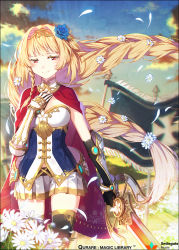 Rule 34 | 1girl, armor, blonde hair, braid, cape, cloud, copyright name, dandelion, detached collar, elbow gloves, feathers, flag, flower, gauntlets, gloves, hair flower, hair ornament, hakusai (tiahszld), hand on own chest, jewelry, knight, light particles, logo, long hair, miniskirt, pendant, petals, pleated skirt, qurare magic library, red eyes, skirt, sky, smile, solo, sunlight, sword, thighhighs, tiara, twilight, twin braids, underbust, walking, weapon, wind