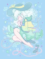Rule 34 | 1girl, barefoot, boots, closed eyes, closed mouth, commentary, fetal position, floral print, frilled hat, frilled sleeves, frills, from side, full body, green hair, green hat, green skirt, hat, hat ribbon, heart, heart of string, highres, komeiji koishi, long hair, long sleeves, mi2yama, profile, ribbon, shirt, single bare leg, single boot, skirt, solo, sparkle, symbol-only commentary, touhou, unworn boot, unworn boots, wide sleeves, yellow ribbon, yellow shirt