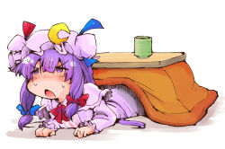 Rule 34 | 1girl, capelet, commentary request, crescent, cup, dress, hair ribbon, hat, kotatsu, lying, on stomach, open clothes, open mouth, patchouli knowledge, purple eyes, purple hair, ribbon, shinapuu, solo, striped clothes, striped dress, sweat, table, teacup, touhou, tress ribbon, under kotatsu, under table, yunomi