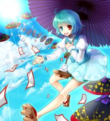 Rule 34 | 1girl, blue hair, blue sky, cloud, day, geta, heterochromia, juliet sleeves, long sleeves, looking at viewer, oil-paper umbrella, open mouth, outstretched arm, outstretched hand, puffy sleeves, shirt, skirt, sky, smile, socha, solo, sun, sunlight, tatara kogasa, touhou, umbrella, undefined fantastic object, vest
