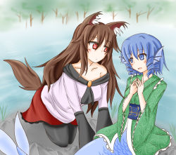 Rule 34 | 2girls, animal ears, bare shoulders, black legwear, blue eyes, blue hair, blush, breasts, brooch, brown hair, collarbone, dress, drill hair, fins, head fins, highres, imaizumi kagerou, japanese clothes, jewelry, kimono, long hair, long sleeves, looking at another, mermaid, monster girl, multiple girls, noutaru (masayaichinl), obi, open mouth, pantyhose, red eyes, sash, short hair, tail, touhou, wakasagihime, wolf ears, wolf tail