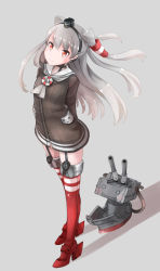 Rule 34 | 10s, 1girl, amatsukaze (kancolle), bad id, bad pixiv id, brown eyes, comah, dress, garter straps, high heels, kantai collection, long hair, personification, red thighhighs, rensouhou-kun, sailor dress, school uniform, short dress, silver hair, simple background, striped clothes, striped thighhighs, thighhighs, twintails, two side up, zettai ryouiki