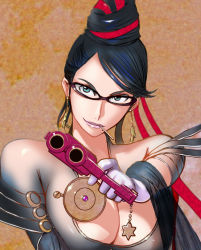 Rule 34 | 1girl, aiming, aiming at viewer, bayonetta, bayonetta (series), bayonetta 1, bodysuit, breasts, cleavage, cleavage cutout, clothing cutout, glasses, gloves, gun, handgun, jewelry, kt, large breasts, lipstick, long hair, makeup, mole, mole under mouth, pistol, solo, weapon