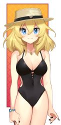 Rule 34 | 1girl, black one-piece swimsuit, blonde hair, blue eyes, boater hat, border, bracelet, breasts, brown hat, cleavage, closed mouth, clothing cutout, commentary, cowboy shot, girls und panzer, gradient background, hat, jewelry, looking at viewer, medium breasts, medium hair, messy hair, necklace, one-piece swimsuit, orange background, oshida (girls und panzer), outside border, red background, side cutout, smile, solo, standing, straw hat, swimsuit, tan (inka)