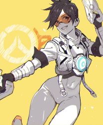 Rule 34 | 1girl, bomber jacket, breasts, brown hair, chest harness, covered navel, cowboy shot, dual wielding, finger on trigger, goggles, grin, gun, handgun, harness, holding, holding gun, holding weapon, jacket, lino chang, logo, looking at viewer, medium breasts, multiple monochrome, overwatch, overwatch 2, pants, pistol, short hair, simple background, sketch, smile, solo, spiked hair, tight clothes, tight pants, tracer (overwatch), weapon, yellow background