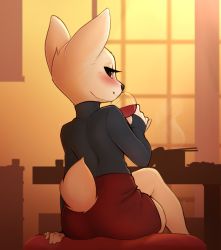 Rule 34 | 1girl, absurdres, aggressive retsuko, alcohol, animal ears, arm support, ass, black shirt, blush, brown eyes, chopsticks, cup, drinking glass, fennec fox, fenneko, food, fox ears, fox tail, from behind, furry, furry female, highres, holding, holding cup, indoors, crossed legs, long sleeves, looking at viewer, looking back, miniskirt, nose blush, pencil skirt, pudgeruffian, red skirt, shirt, sitting, skirt, sleeves past wrists, smile, solo, steam, table, tail, turtleneck, wine, wine glass