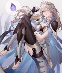 Rule 34 | 1girl, ai tkkm, armor, ass, black leotard, breasts, cape, cleavage, corrin (female) (fire emblem), corrin (female) (silent bloodline) (fire emblem), corrin (fire emblem), crown, dragon girl, dragon tail, feet, fire emblem, fire emblem fates, fire emblem heroes, frills, full body, gloves, hair between eyes, hair ornament, highres, jewelry, knees together feet apart, knees up, legs, leotard, long hair, long legs, looking at viewer, medium breasts, nintendo, no shoes, official alternate costume, pointy ears, red eyes, see-through, shoulder armor, solo, stirrup legwear, tail, toeless legwear, toenails, toes, white hair