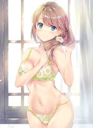 Rule 34 | 1girl, bad id, bad pixiv id, bare arms, bare shoulders, blue eyes, blush, bra, breasts, brown hair, closed mouth, commentary, curtains, day, english commentary, flower, green bra, green panties, hair between eyes, hair flower, hair ornament, hair over shoulder, hairclip, hands up, long hair, looking at viewer, md5 mismatch, medium breasts, navel, original, panties, resolution mismatch, signature, smile, solo, standing, suihi, sunlight, transparent, underwear, underwear only, white flower, window