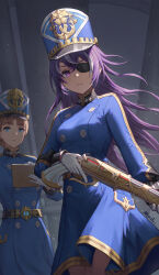 Rule 34 | &gt;:(, 2girls, absurdres, alternate costume, antique firearm, artist name, belt, blue coat, blue eyes, blue headwear, blunt bangs, breasts, brown hair, buttons, chevreuse (genshin impact), clipboard, closed mouth, coat, coat dress, commentary request, cowboy shot, crossed bangs, double-breasted, dress, eyepatch, firearm, frown, genshin impact, gloves, gold trim, gun, hair between eyes, hat, highres, holding, holding clipboard, holding gun, holding weapon, long hair, long sleeves, looking at viewer, mole, mole under mouth, mool yueguang, multicolored hair, multiple girls, pocket, pointy hair, purple eyes, purple hair, shako cap, short hair, sidelocks, small breasts, solo focus, standing, streaked hair, trigger discipline, two-tone hair, upper body, v-shaped eyebrows, weapon, white gloves, white hair