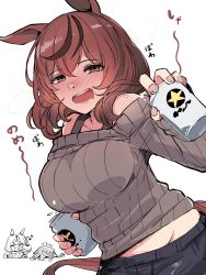 Rule 34 | 1girl, animal ears, beer can, blush, bow, breasts, brown eyes, brown hair, can, character request, drink can, drunk, highres, horse ears, horse girl, horse tail, kawamochi (tddm3573), long sleeves, looking at viewer, medium hair, multicolored hair, nice nature (umamusume), open mouth, shirt, smile, streaked hair, tail, umamusume