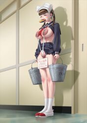 Rule 34 | 1girl, areola slip, bow, bow panties, bra, bra on head, breasts, brown hair, bucket punishment, chichimaro, cleft of venus, clothes lift, frontal wedgie, hallway, indoors, large areolae, large breasts, long hair, long sleeves, low twintails, miniskirt, object on head, original, panties, pleated skirt, school uniform, serafuku, shirt lift, skirt, socks, solo, tears, translated, twintails, underwear, utensil in mouth, white bra, white panties, white socks
