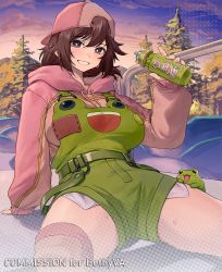 Rule 34 | 1girl, :d, animal costume, aochoku, backwards hat, baseball cap, blush, bottle, breasts, brown hair, commission, copyright request, cowboy shot, frog, frog costume, green suspenders, hat, highres, holding, holding bottle, hood, hood down, hooded sweater, large breasts, long hair, open mouth, outdoors, pine tree, pink sweater, sitting, smile, solo, sweat, sweater, tree, water bottle