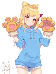 Rule 34 | 2girls, :3, aikatsu! (series), aikatsu stars!, animal hands, blonde hair, blue hoodie, blue shorts, blush, bow, brown gloves, closed eyes, closed mouth, commentary request, cone hair bun, cowboy shot, drawstring, fang, fang out, fur-trimmed gloves, fur trim, gloves, hair bow, hair bun, hair ribbon, hands up, hood, hood down, hoodie, k mugura, long hair, long sleeves, looking at viewer, multiple girls, nijino yume, paw gloves, red eyes, red ribbon, ribbon, saotome ako, short shorts, shorts, simple background, solo focus, standing, v-shaped eyebrows, very long hair, white background