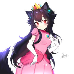 Rule 34 | 1girl, ahoge, animal ears, black hair, blue gemstone, blush, breasts, brooch, chinese commentary, closed mouth, commentary request, cosplay, crown, dated, dress, ejami, ekko (ejami), elbow gloves, fox ears, fox girl, fox tail, gem, gloves, heart, heart-shaped pupils, jewelry, long hair, looking at viewer, mario (series), nintendo, original, pink dress, princess peach, princess peach (cosplay), puffy short sleeves, puffy sleeves, red eyes, short sleeves, sidelocks, signature, simple background, small breasts, solo, symbol-shaped pupils, tail, very long hair, white background, white gloves