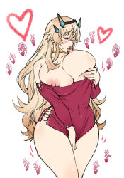 Rule 34 | 1girl, bare shoulders, barghest (fate), blonde hair, blush, breast sucking, breasts, cleavage, closed eyes, collarbone, cross-laced clothes, curvy, fate/grand order, fate (series), highres, horns, huge breasts, jewelry, licking nipple, licking own nipple, long hair, long sleeves, neck ring, nipple stimulation, nipples, off-shoulder shirt, off shoulder, open mouth, red shirt, self breast sucking, shikishima gangu, shirt, solo, sweater, thick thighs, thighs, tongue, tongue out