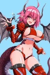 Rule 34 | 1girl, ahoge, aqua background, blush, breasts, brown eyes, chain, commission, dragon girl, dragon horns, dragon tail, dragon wings, highres, horns, large breasts, navel, original, pink hair, pixiv commission, pointy ears, shitagani, short hair, simple background, slit pupils, solo, tail, wings