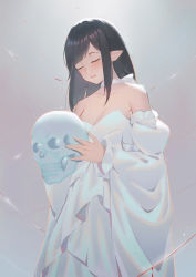 Rule 34 | 1girl, absurdres, bad id, bad pixiv id, black hair, blush, breasts, character request, choker, closed eyes, collarbone, commentary request, detached sleeves, dress, facing down, grey background, highres, holding, holding skull, jmao, long hair, long sleeves, medium breasts, parted lips, pointy ears, ribbon choker, sennen sensou aigis, skull, solo, white choker, white dress, wide sleeves