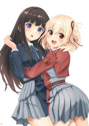 Rule 34 | 2girls, absurdres, black hair, blonde hair, blue dress, blue ribbon, blush, bob cut, collared shirt, commentary, cowboy shot, dress, from side, frown, grey dress, hair ribbon, highres, hug, inoue takina, leaning forward, long hair, looking at viewer, looking back, lycoris recoil, lycoris uniform, multiple girls, nao suke, neck ribbon, nishikigi chisato, open mouth, pleated dress, purple eyes, red dress, red eyes, red ribbon, ribbon, shirt, simple background, smile, standing, two-tone dress, white background, white shirt, wing collar