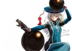 Rule 34 | 1girl, bad id, bad pixiv id, bodysuit, bracelet, detached sleeves, dual wielding, facial mark, female focus, hat, holding, jewelry, ocaca (chocolate-hopper), original, red eyes, solo, surcoat, weapon, white background, white hair