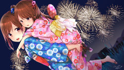Rule 34 | 2girls, absurdres, artist name, bad id, bad pixiv id, bag, bagged fish, bandaid, barefoot, blue kimono, blush, brown eyes, brown hair, carrying, dutch angle, fireworks, fish, floral print, from side, goldfish, grass, hair ornament, hand fan, highres, holding, holding shoes, japanese clothes, kimono, long hair, looking at another, looking back, multiple girls, night, open mouth, original, outdoors, paper fan, piggyback, pink kimono, pomu (joynet), sandals, shoes, siblings, side ponytail, sidelocks, signature, sisters, smile, swept bangs, tareme, tears, uchiwa, yukata