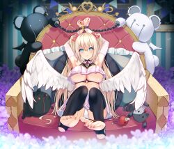 Rule 34 | 1girl, absurdres, angel, angel wings, aonu koru, bdsm, black thighhighs, blonde hair, blue eyes, blush, bound, bound wrists, breasts, bridal gauntlets, chain, closed mouth, commentary request, feet, frown, full body, highres, huge breasts, looking at viewer, midriff, miniskirt, nail polish, on chair, original, oversized object, panties, sitting, skirt, soles, stirrup legwear, stuffed animal, stuffed toy, teddy bear, thighhighs, toeless legwear, twintails, underboob, underwear, wings