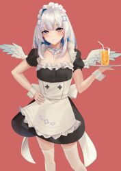 Rule 34 | 1girl, absurdres, amane kanata, apron, blue hair, blush, breasts, closed mouth, colored inner hair, commentary request, cup, feathered wings, feet out of frame, hand on own hip, highres, holding, holding tray, hololive, long hair, looking at viewer, maid, maid apron, maid headdress, multicolored hair, neck garter, pink background, pink hair, puffy short sleeves, puffy sleeves, purple eyes, short sleeves, simple background, single hair intake, small breasts, smallpine 7, solo, standing, streaked hair, thighhighs, tray, virtual youtuber, white hair, white thighhighs, white wings, wings, wrist cuffs