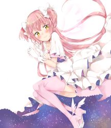 Rule 34 | 1girl, blush, bow, brooch, choker, cleavage cutout, clenched hands, clothing cutout, commentary request, dress, gloves, hair bow, hands up, high heels, highres, jewelry, kaname madoka, long hair, mahou shoujo madoka magica, mahou shoujo madoka magica (anime), pink hair, pink thighhighs, short sleeves, smile, solo, spoilers, starry sky print, tatsuyoshi (zawahomura), thighhighs, two side up, ultimate madoka, white bow, white choker, white dress, white gloves, winged footwear, wings, yellow eyes