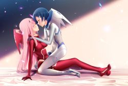 Rule 34 | 10s, 2girls, absurdres, aqua eyes, arm support, bed sheet, blue hair, bodysuit, breasts, cloudxmoe, commentary, darling in the franxx, eye contact, green eyes, hair ornament, hairband, hairclip, hand on another&#039;s cheek, hand on another&#039;s face, hand on another&#039;s shoulder, highres, horns, ichigo (darling in the franxx), long hair, looking at another, medium breasts, multiple girls, pink hair, red bodysuit, red horns, short hair, sitting, sitting on person, skin tight, small breasts, white bodysuit, white hairband, yuri, zero two (darling in the franxx)
