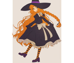 Rule 34 | 1girl, back bow, black dress, black hat, bow, braid, closed mouth, dress, freckles, frilled dress, frills, hat, ishmael (project moon), juliet sleeves, limbus company, long hair, long sleeves, looking at viewer, orange hair, pantyhose, project moon, puffy sleeves, solo, standing, standing on one leg, striped clothes, striped pantyhose, very long hair, white bow, witch hat, york0pm