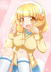 Rule 34 | 10s, 1girl, blonde hair, blush, breasts, cardigan, hairband, highres, kise yayoi, large breasts, open mouth, precure, school uniform, short hair, sitting, skirt, smile, smile precure!, socks, solo, v, white hairband, xenon (for achieve), yellow eyes