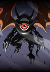 Rule 34 | artist request, claws, deathmon, deathmon (black), demon, demon wings, digimon, digimon (creature), fingernails, flying, horns, looking at viewer, no humans, sharp fingernails, simple background, tail, wind, wings, yellow eyes