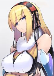 Rule 34 | 1girl, bare shoulders, black ribbon, blonde hair, blue eyes, breast hold, breasts, closed mouth, crossed arms, detached sleeves, expressionless, eyelashes, fur-trimmed sleeves, fur collar, fur trim, grey background, hair ribbon, hairband, hawe king, head tilt, highres, large breasts, long hair, long sleeves, looking at viewer, original, ribbon, simple background, solo, two-tone hairband, upper body