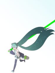 Rule 34 | 1girl, absurdly long hair, blue hair, boots, closed eyes, collared shirt, commentary, detached sleeves, full body, gradient hair, hatsune miku, headphones, highres, holding, holding paintbrush, issen kounen (vocaloid), kotoko0, long hair, long sleeves, multicolored hair, necktie, open mouth, paint can, paintbrush, painting (action), pleated skirt, running, shirt, skirt, sleeveless, sleeveless shirt, smile, solo, starry hair, thigh boots, twintails, twitter username, very long hair, vocaloid