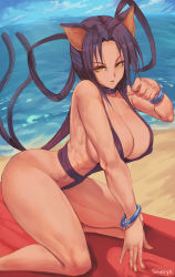 Rule 34 | 1girl, animal ears, bare shoulders, beach, beach towel, bikini, bracelet, breasts, cat ears, cat girl, cat tail, cleavage, commentary, female focus, high school dxd, highres, jewelry, kuroka (high school dxd), large breasts, light smile, long hair, looking at viewer, multiple tails, parted lips, purple bikini, purple hair, shexyo, signature, solo, swimsuit, tail, thighs, towel, yellow eyes