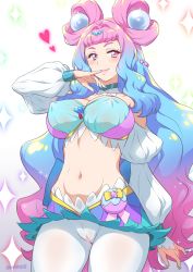 Rule 34 | 1girl, aged up, blue hair, breasts, closed mouth, commentary request, covered erect nipples, cure la mer, heart, highres, joy ride, large breasts, laura (precure), long hair, long sleeves, looking at viewer, magical girl, midriff, multicolored hair, nail polish, navel, pink eyes, pink hair, precure, smile, solo, tropical-rouge! precure, two-tone hair, very long hair, white background