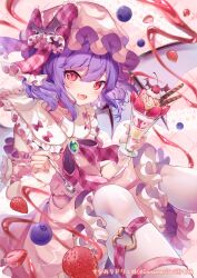 Rule 34 | 1girl, alternate costume, bat wings, blush, buttons, cherry, dress, fang, fingernails, food, frilled dress, frills, fruit, hair between eyes, hat, highres, holding, holding spoon, mob cap, open mouth, pantyhose, parfait, pink dress, pink hat, purple hair, red eyes, remilia scarlet, sekisei (superego51), short hair, slit pupils, smile, solo, spoon, strawberry, touhou, twitter username, white pantyhose, wings