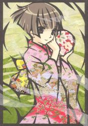 Rule 34 | 1girl, ball, brown eyes, brown hair, floral print, haiiro (hi ghi ro), japanese clothes, kimono, original, short hair, solo, temari ball, traditional media