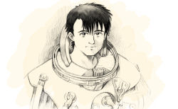 Rule 34 | 1boy, ajthefourth, astronaut, black hair, greyscale, honneamise no tsubasa, looking at viewer, male focus, monochrome, shirotsugh lhadatt, simple background, solo, white background
