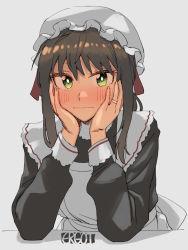 Rule 34 | 1girl, alternate costume, apron, artist logo, artist name, black dress, black hair, blush, closed mouth, dress, enmaided, ergot, fubuki (kancolle), green eyes, hands on own cheeks, hands on own face, hat, highres, jewelry, kantai collection, long sleeves, maid, mob cap, ring, short hair, short ponytail, solo, wedding band, white apron, white hat