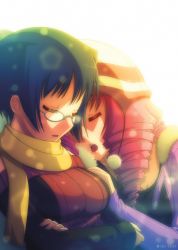 Rule 34 | 10s, 2girls, blue hair, breasts, drill hair, glasses, hakamichi shizune, hat, highres, katawa shoujo, mikado shiina, mike inel, multiple girls, pink hair, quad drills, ribbed sweater, scarf, sleeping, sleeping on person, sleeping upright, sweater, winter clothes