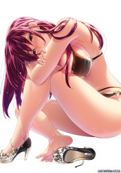 Rule 34 | 1girl, action pizazz, barefoot, bikini, blush, breasts, brown bikini, cleavage, earrings, feet, female focus, high heels, jewelry, knees to chest, kuon michiyoshi, large breasts, long hair, looking at viewer, nail polish, open mouth, pink hair, shoes, unworn shoes, single shoe, sitting, smile, soles, solo, swimsuit, toes, yellow eyes