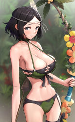 Rule 34 | 1girl, bare arms, bare shoulders, bikini, black eyes, black hair, blurry, blurry background, blush, breasts, commentary request, cowboy shot, feather hair ornament, feathers, fire emblem, fire emblem awakening, fire emblem heroes, flower, gonzarez, green bikini, hair ornament, highres, large breasts, looking at viewer, navel, nintendo, noire (fire emblem), official alternate costume, orange flower, short hair, solo, standing, stomach, swimsuit, yellow flower